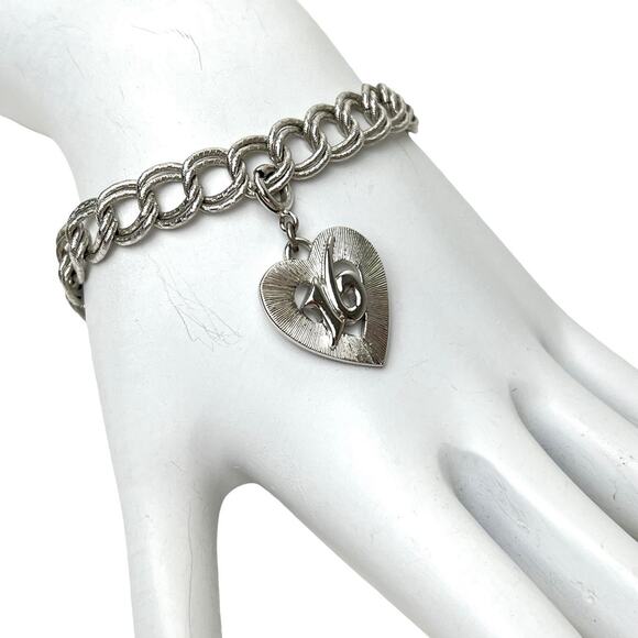 Monet Bracelet Chunky Link Removable Dangling Heart Charm 16 Silver Tone Vintage - Picture 2 of 10